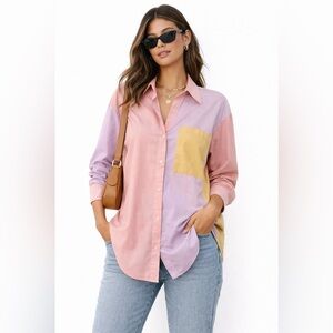 Abercrombie Colorblock Oversized Button-Up | Pastel Pink Yellow Shirt M